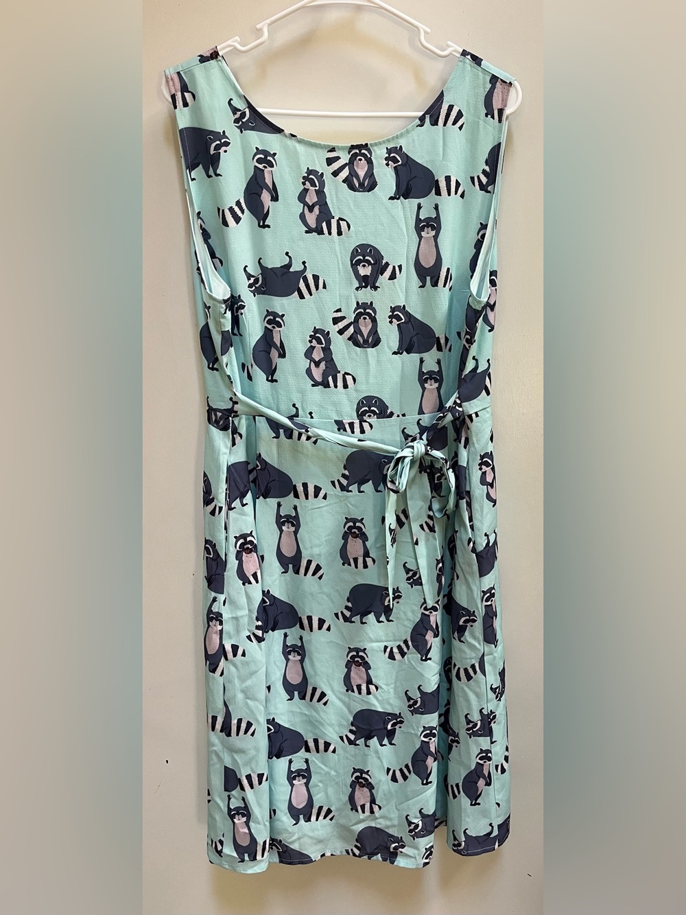 Sleeveless Mint Green Raccoon Print Dress with Tie Waist